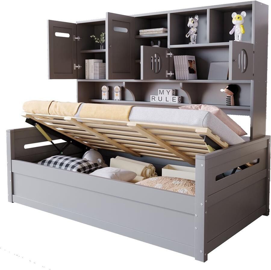 Merax Houten Schlafsofa 90×200 cm – Multifunctioneel Eenpersoonsbed met Hydraulische Opbergruimte – Kinderbed en Jeugd Bed met Kast en Schappen – Grijs – Zonder Matras