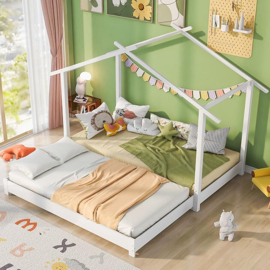 Merax Houten Eenpersoonsbed 90x190 met Uitschuifbaar Bed tot Tweepersoonsbed 180x190cm voor Kinderen Kinderbed in Huisvorm Huisbed Wit