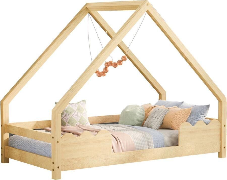 Merax Houten Eenpersoonsbed 90x200 cm Kinderbed met Uitvalbeveiliging Natuurlijk Hout Bruin