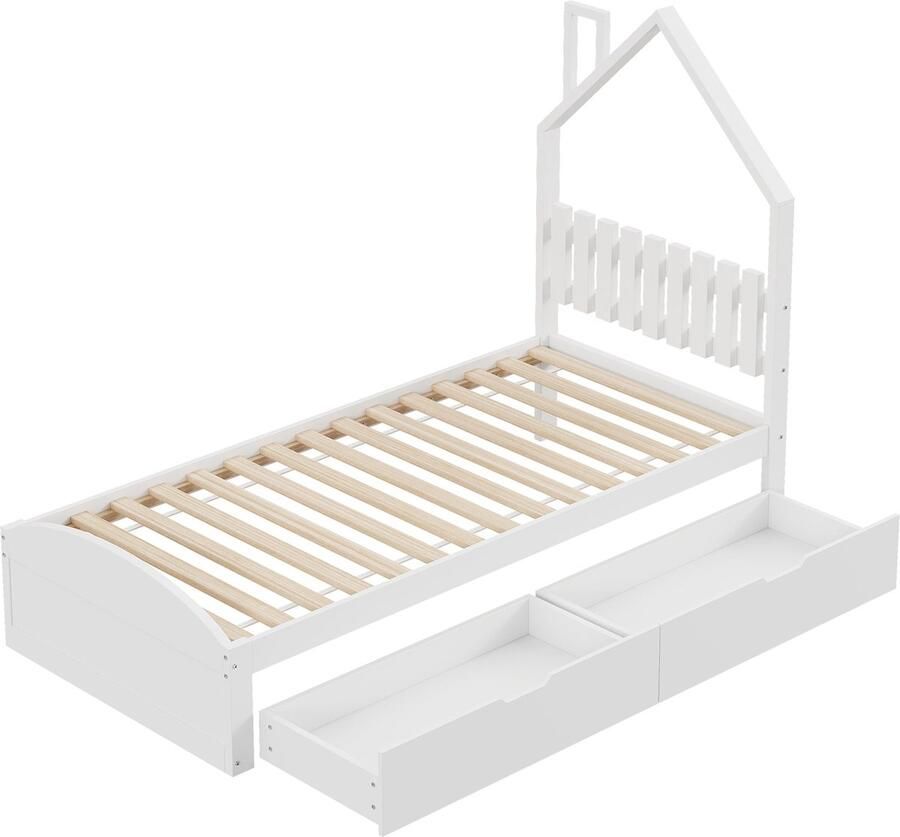 Merax Houten Eenpersoonsbed 90x200 cm met 2 Opberglades Kinderbed in Huisvorm met Schoorsteen Wit