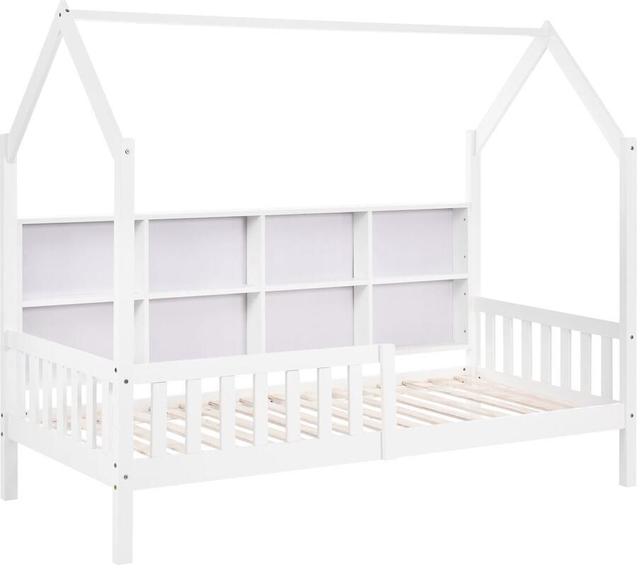 Merax Houten Eenpersoonsbed met Planken en 2 Lades Huisbed Kinderbed in Huis Vorm Wit