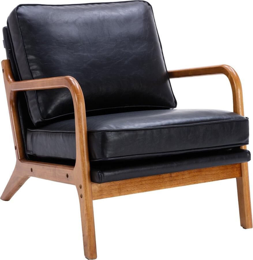 Merax Houten Frame Fauteuil in Kunstleer Moderne Accentstoel Lounge Stoel voor Woonkamer Zwart met Bruin