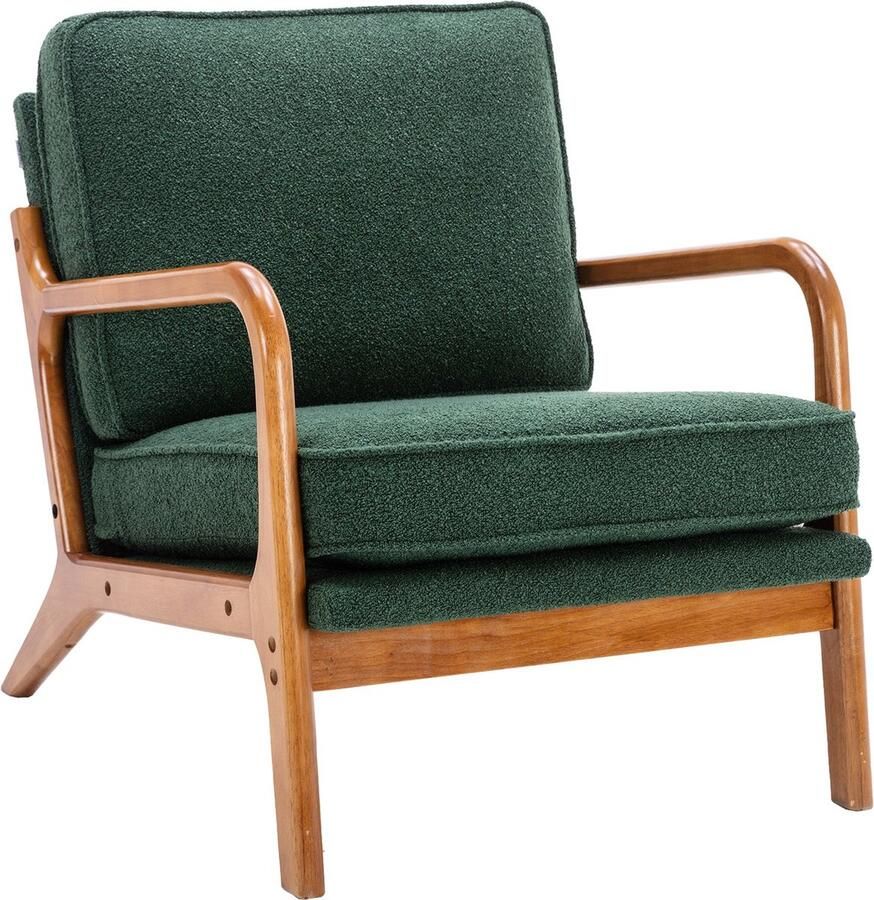 Merax Houten Frame Fauteuil met Armleuningen Chenille Gestoffeerd Moderne Accentstoel Lounge Chair Groen