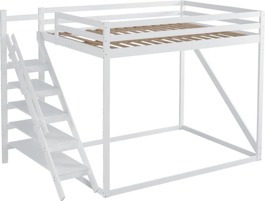Merax Houten Hoogslaper 140x200 cm met Veiligheidsladder Bed voor Kinderen Jongeren en Volwassenen Wit