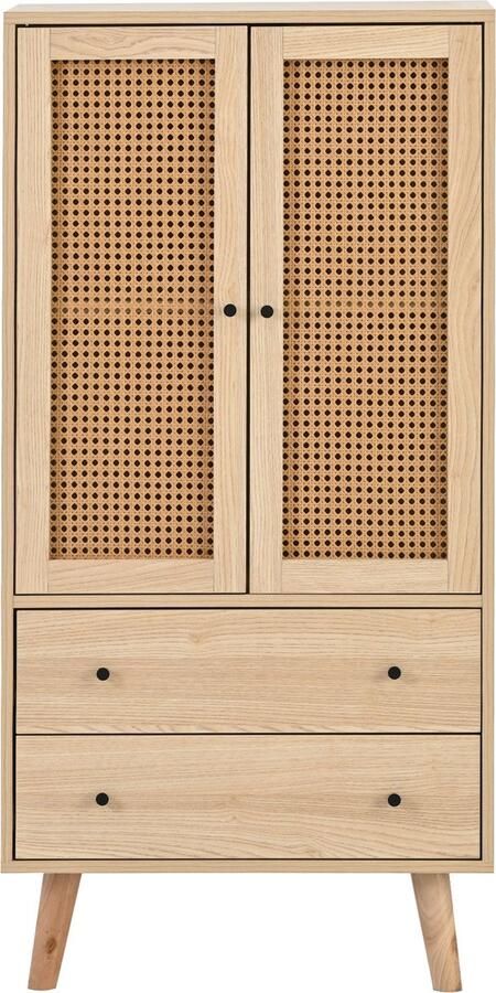 Merax Smal Dressoir 60x120 cm – Opbergkast met 2 Deuren en 2 Lades – Houten Kast met Rotan Look – Geschikt voor Woonkamer Keuken of Hal – Eiken Kleur - Foto 2