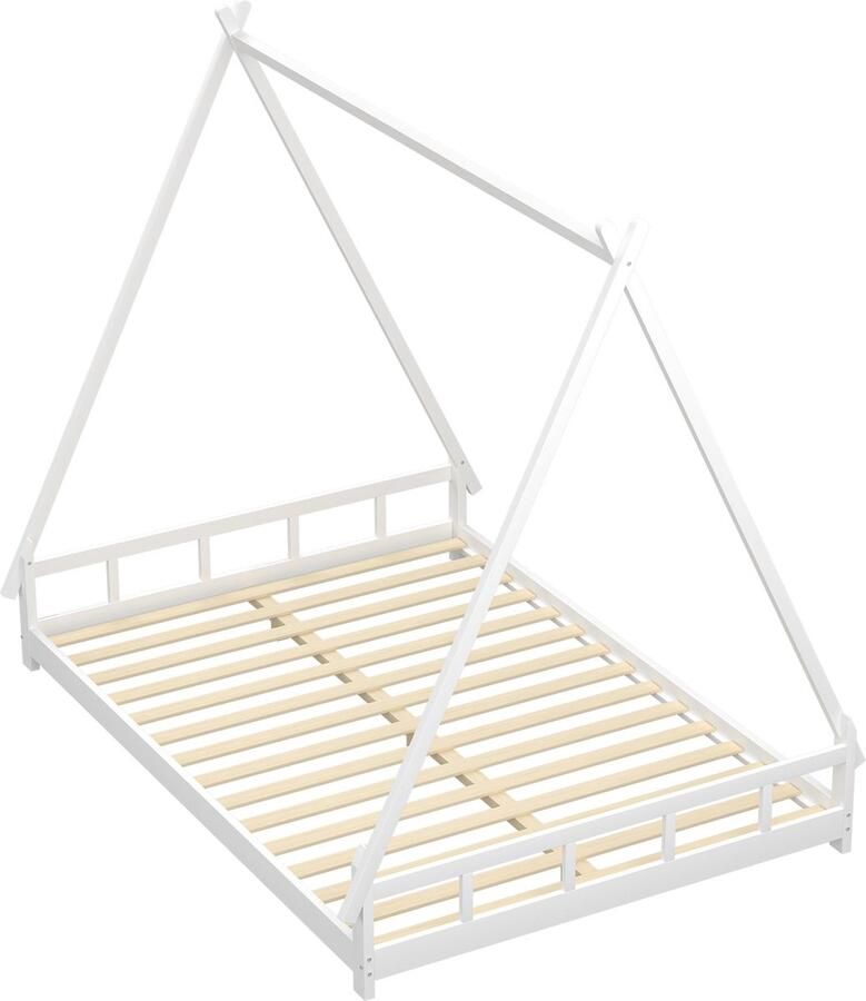 Merax Houten Kinderbed 140x200 cm Tweepersoonsbed in Tent Vorm Tentbed Wit