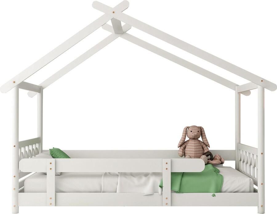 Merax Houten Kinderbed 90x190 cm in Huisvorm Eenpersoonsbed met Uitvalbeveiliging en Dak Wit
