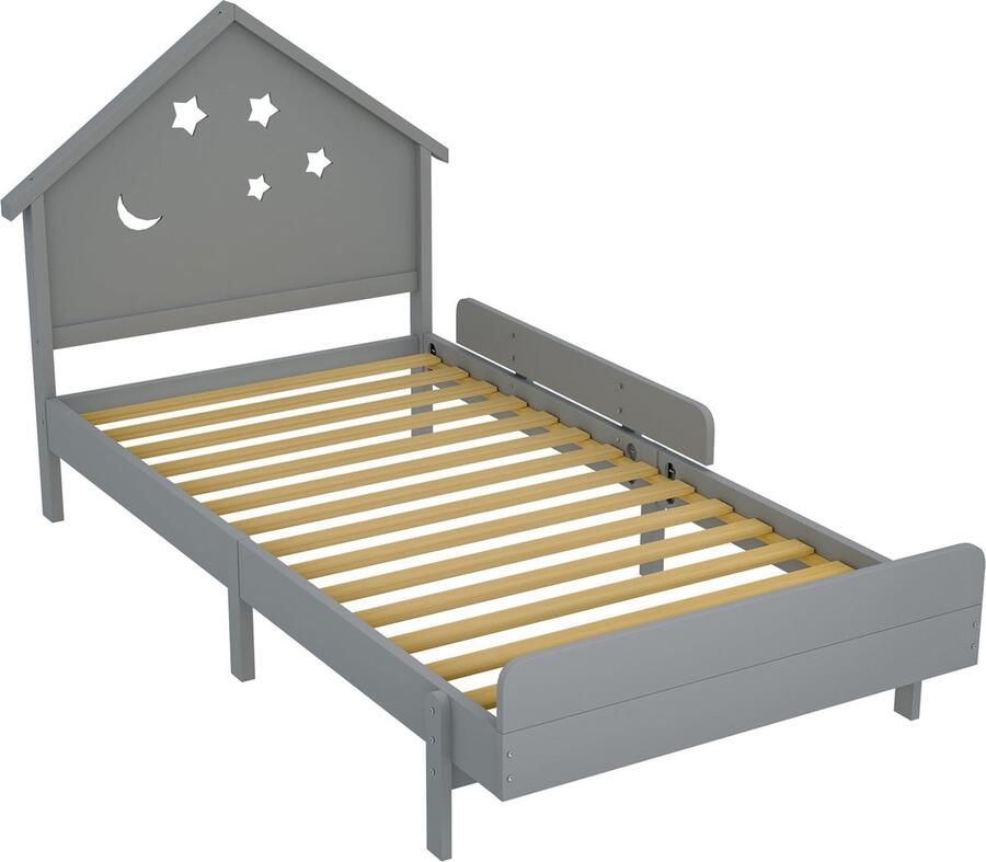 Merax Houten Kinderbed 90x200 cm Bed met Ster en Maan Motief Eenpersoonsbed Grijs