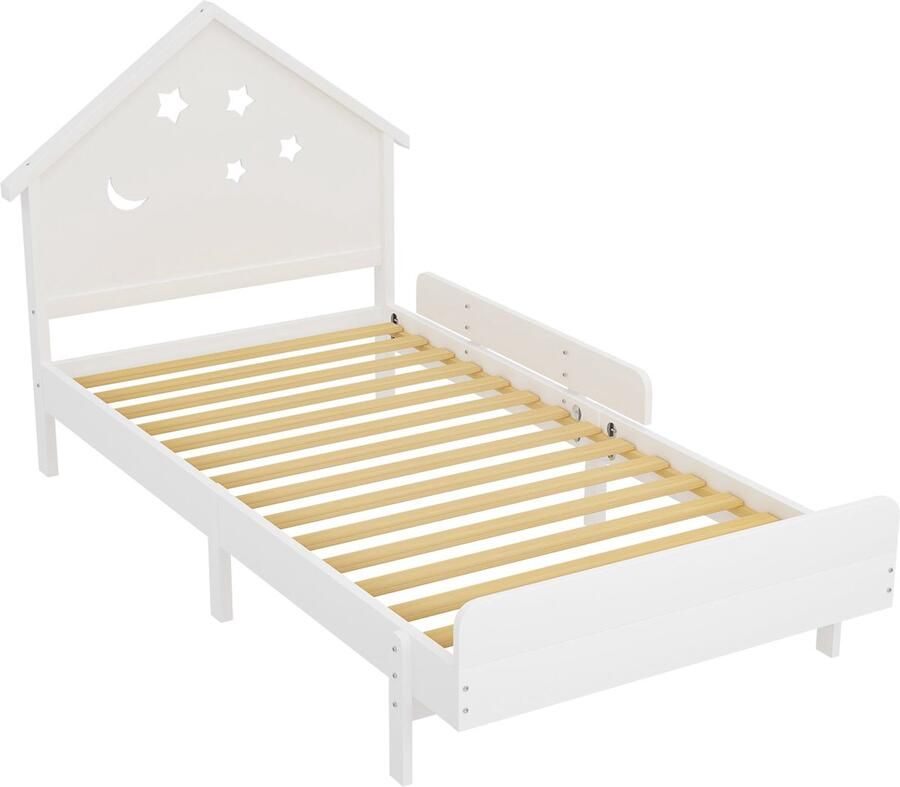 Merax Houten Kinderbed 90x200 cm met Ster en Maan Motief Eenpersoonsbed Wit