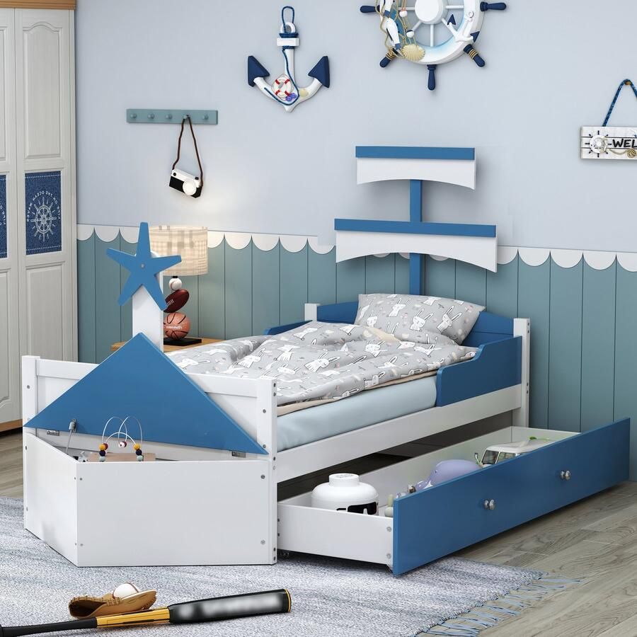 Merax Houten kinderbed 90x200 cm zeilbootvorm lades opbergkast aan het einde van het bed eenpersoonsbed blauw