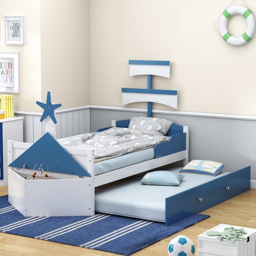 Merax Houten kinderbed 90x200 cm zeilbootvorm met uitschuifbaar bed opbergkast aan het voeteneinde van het bed eenpersoonsbed blauw