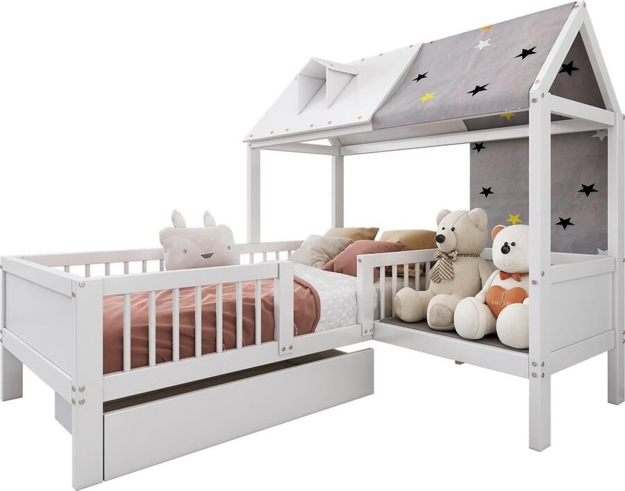 Merax Houten Kinderbed in Huisvorm 90x200 cm Huisbed met Opberglade- Multifunctioneel Eenpersoonsbed met Tentstof en Kussen Wit