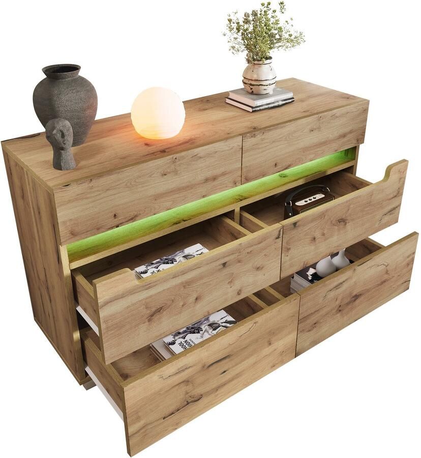 Merax Houten Kommode met 6 Lades en LED-verlichting – Eiken Sideboard met App-bediening – Moderne opbergkast voor woonkamer of slaapkamer – 120x40x71 cm – Eiken