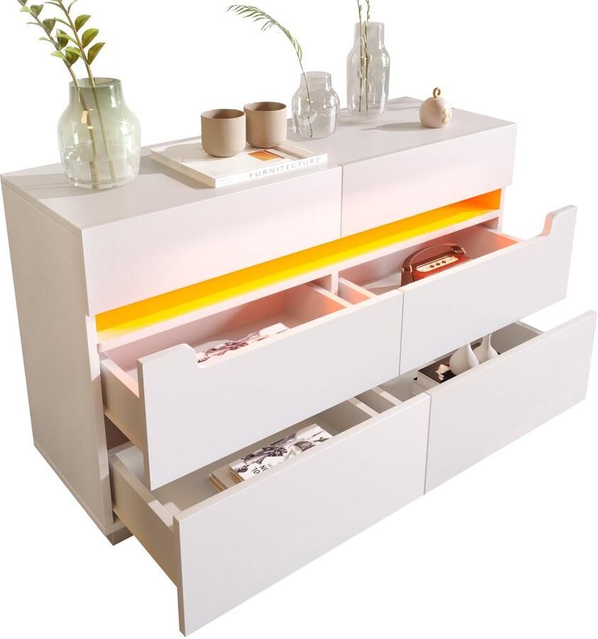 Merax Houten Kommode met 6 Lades en LED-verlichting – Wit Sideboard met App-bediening – Moderne opbergkast voor woonkamer of slaapkamer – 120x40x71 cm – Wit