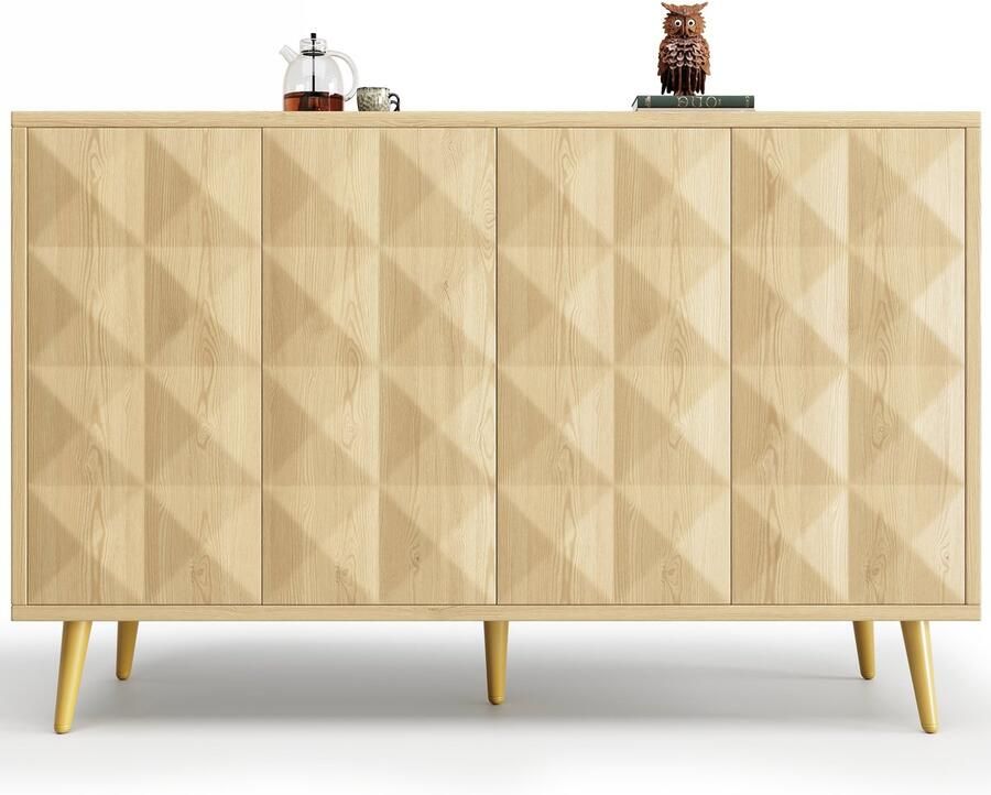 Merax Houten Opbergkast Met Reliëfdeuren En Metalen Poten Dressoir Voor Woonkamer Of Eetkamer 120x35x78 Cm