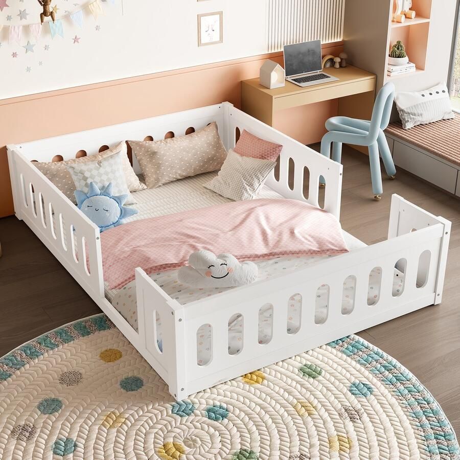 Merax Houten platformbed kajuitbed 140x200cm met leuning wit zonder matras