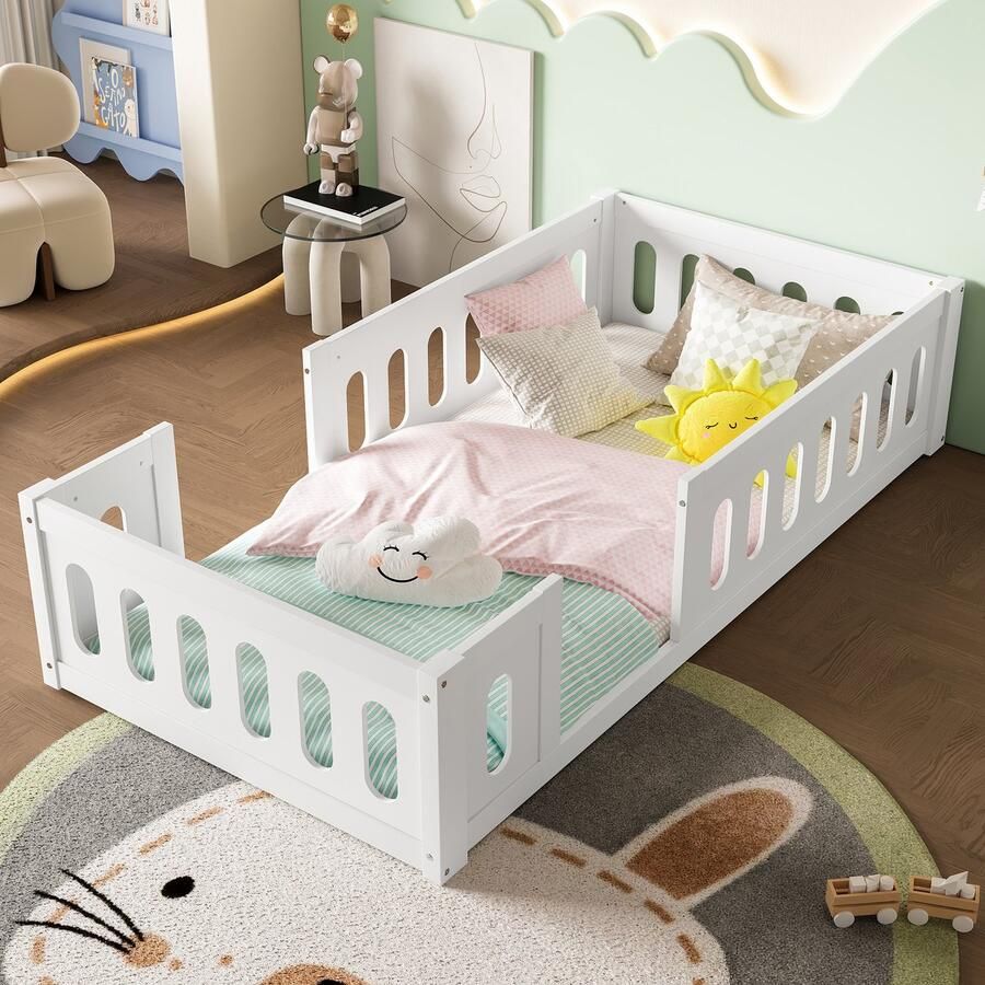 Merax Houten platformbed kajuitbed 90x200cm met leuning wit zonder matras