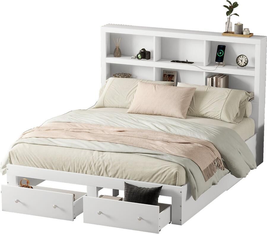 Merax Houten Queen Size Bed 160x200cm met 2 Opberglades Tweepersoonsbed inclusief Hoofdbord met Vakken en USB-oplaadpoort Wit
