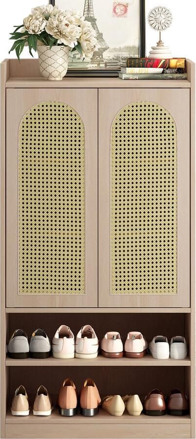 Merax Houten Schoenenkast 115 cm hoog 2 open vakken Rattandeur Verstelbare planken