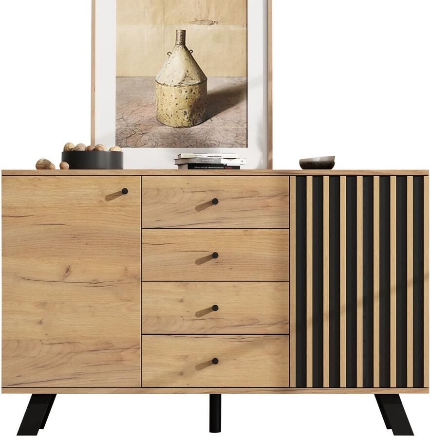 Merax Houten Sideboard met 4 Lades en 2 Deuren – Modern Dressoir met Open Lattenontwerp en Massiefhouten Poten – 120 x 38 x 75 cm – Natuur & Zwart