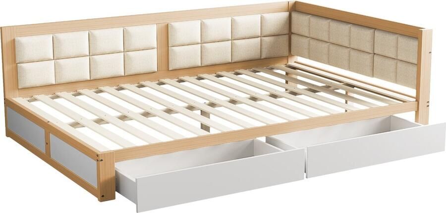 Merax Houten Slaapbank 140x200 cm – Bed met 2 Opberglades en Zachte Rugleuning – Logeerbed van Pijnboomhout – Wit met Houtkleur Bruin - Foto 2