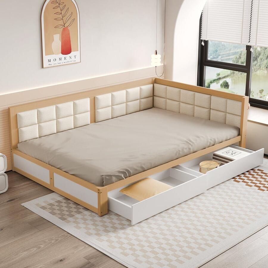 Merax Houten Slaapbank 140x200 cm – Bed met 2 Opberglades en Zachte Rugleuning – Logeerbed van Pijnboomhout – Wit met Houtkleur Bruin