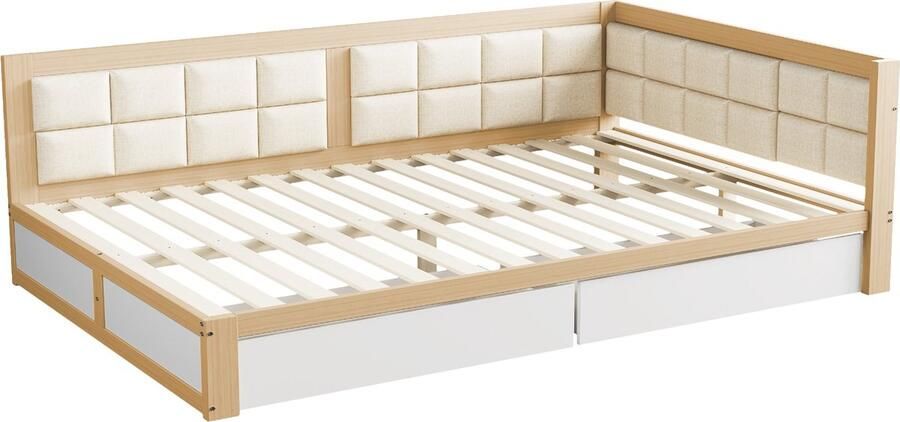 Merax Houten Slaapbank 140x200 cm – Bed met 2 Opberglades en Zachte Rugleuning – Logeerbed van Pijnboomhout – Wit met Houtkleur Bruin - Foto 3