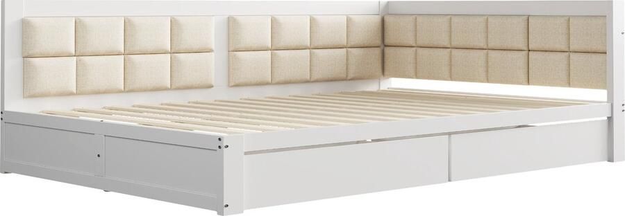 Merax Houten Slaapbank 140x200 – Multifunctioneel Bed met Zachte Rugleuning en Grote Opberglades Wit
