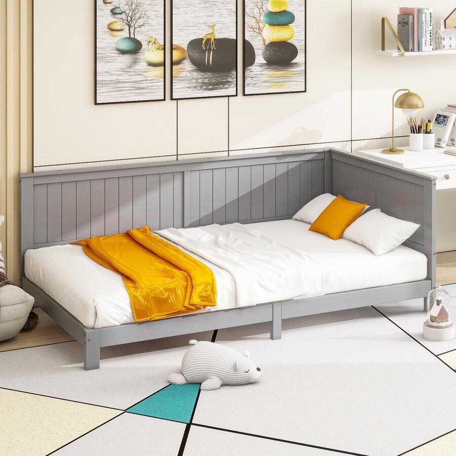 Merax Houten Slaapbank 90x200 cm Eenpersoonsbed Kinderbed Grijs