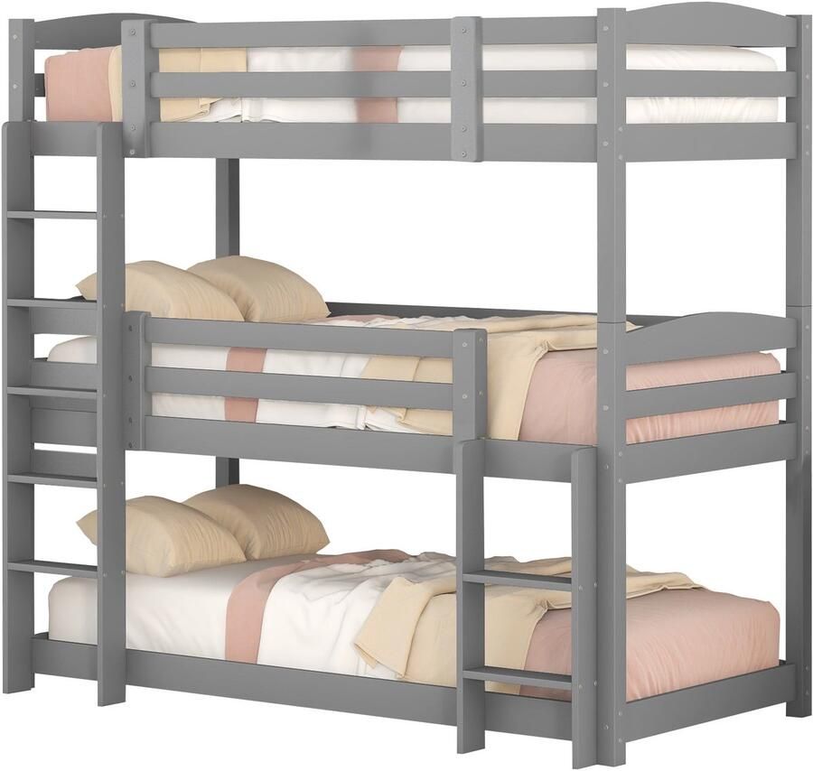 Merax Houten Stapelbed 90×200 cm – Driepersoons Etagenbed voor Kinderen – Massief Grenenhout – Ruimtebesparend Familiebed – Grijs – Zonder Matras