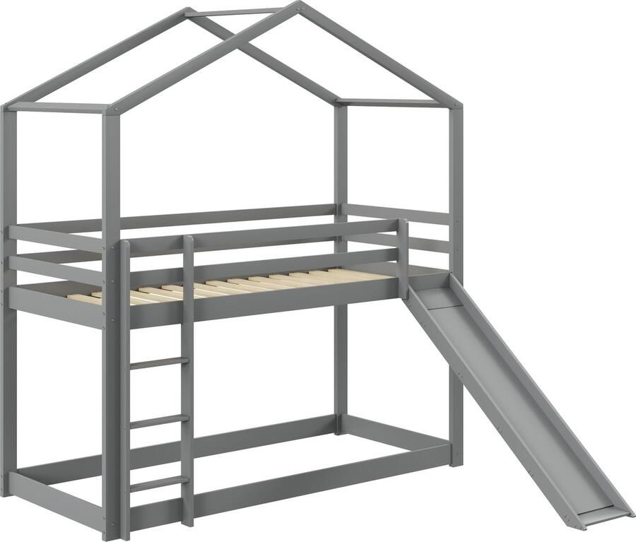 Merax Houten Stapelbed 90x200 cm Bed met Glijbaan Kinderbed in Huisvorm Grijs