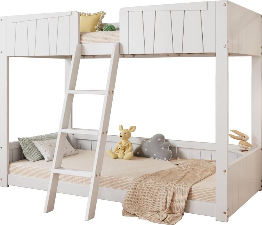 Merax Houten Stapelbed 90x200 cm Hoogslaper Kinderbed met Uitvalbeveiliging en Ladder Wit