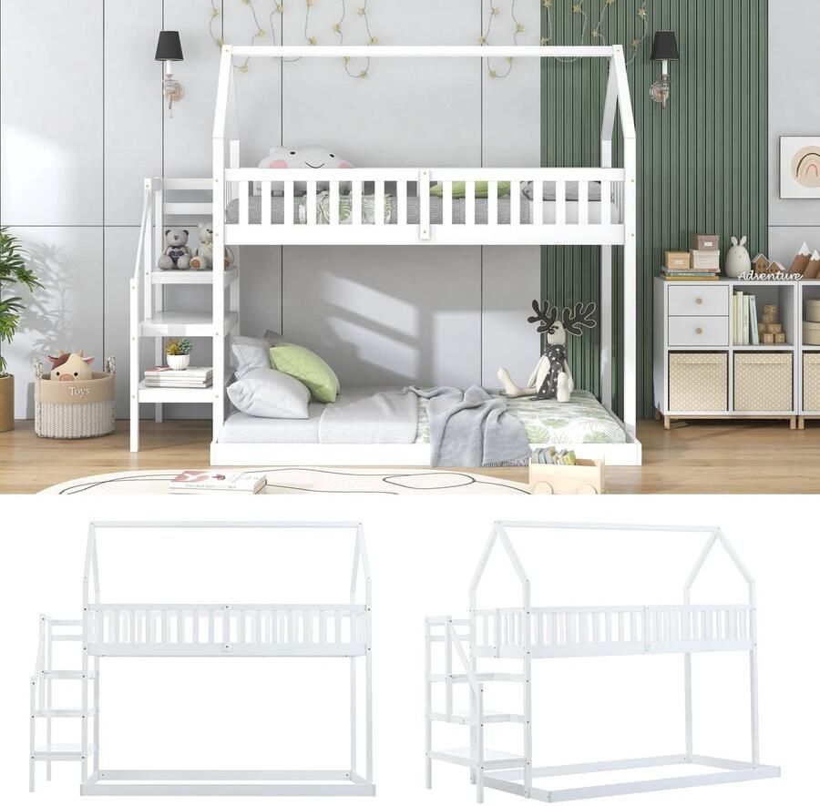 Merax Houten Stapelbed 90x200 cm Huisbed voor Kinderen met Trap en Uitvalbeveiliging Kinderbed Hoogslaper Wit