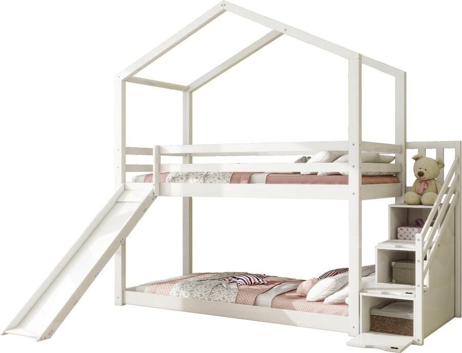 Merax Houten Stapelbed 90x200 cm in Huisvorm Hoogslaper Eenpersoonsbed met Glijbaan en Uitvalbeveiliging Kinderbed met Opbergruimte Wit