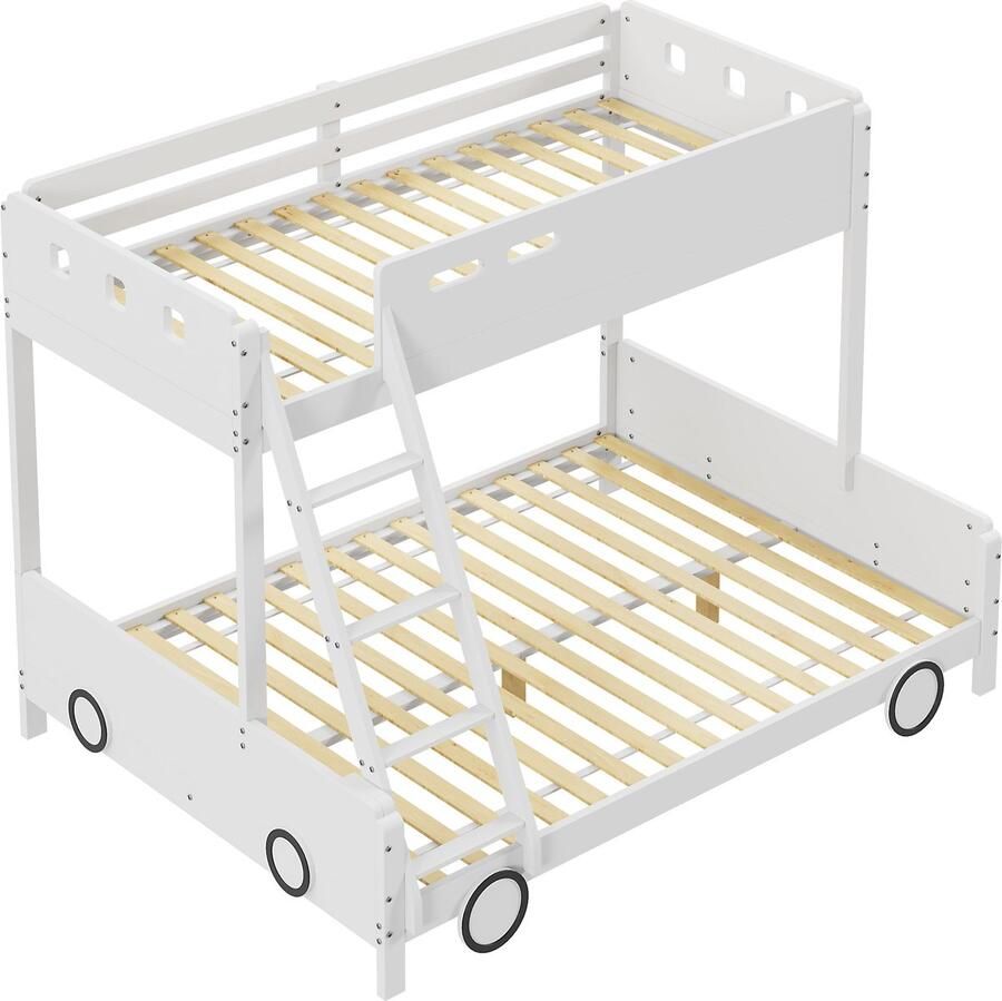 Merax Houten Stapelbed Bed voor Kinderen Auto Design Autobed Bovenbed 90x200 Onderbed 140x200 Wit