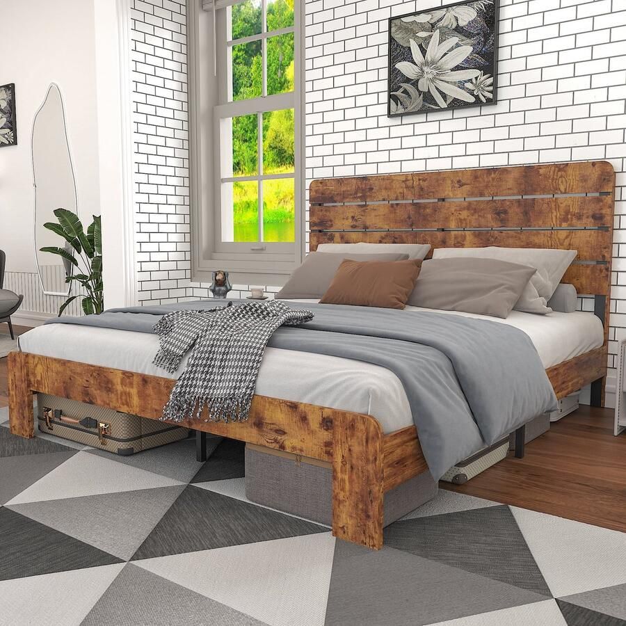 Merax Houten Tweepersoonsbed 160x200 cm – Antiek Stijl Bedframe met Hoog Hoofdbord en Metalen Lattenbodem – Bruin MDF & Metaal