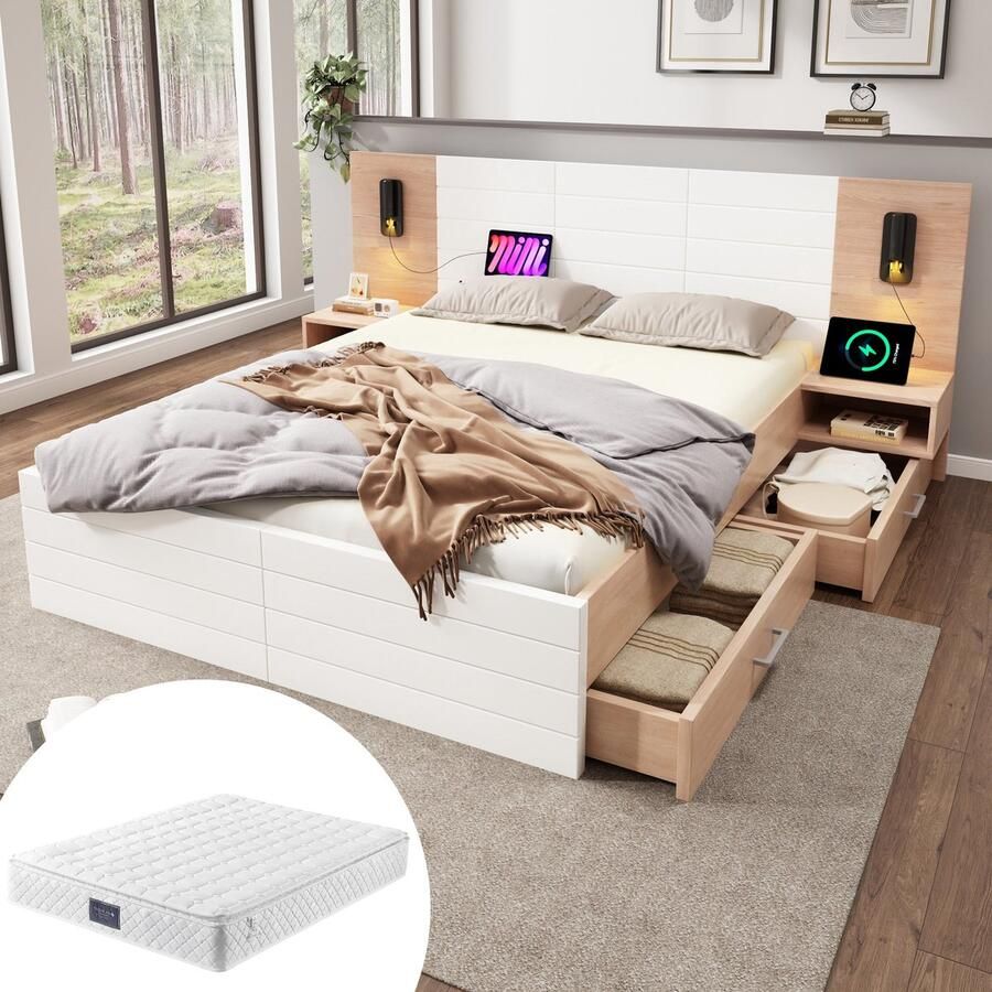 Merax Houten Tweepersoonsbed 140x200 cm Inclusief Matras en Lattenbodem Bed met 2 Nachtkastjes en USB-Aansluiting – Bedframe met Leeslamp en 2 Lades – Wit met Eiken Bruin