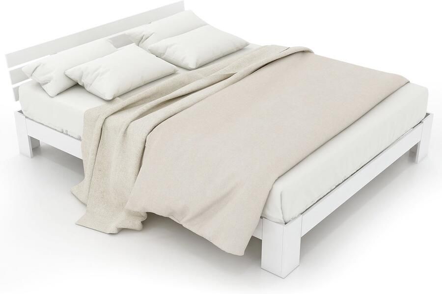 Merax Houten Tweepersoonsbed 140x200 cm – Massief Grenen Bedframe – Wit – Bed voor 2 Personen – Inclusief Lattenbodem – Rustieke Stijl