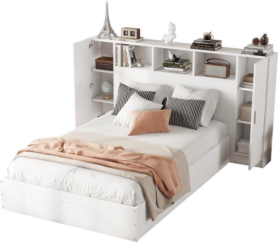 Merax Houten Tweepersoonsbed 140x200 cm met Hoofdbord en Opbergruimte Modern Bed met Kasten Wit