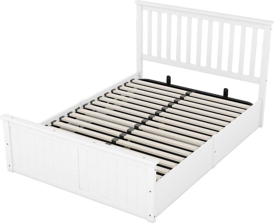 Merax Houten Tweepersoonsbed 140x200 cm met Lattenbodem Klassiek Bed met Hydraulische Opbergruimte Wit