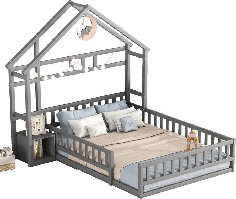 Merax Houten Tweepersoonsbed 140x200 cm voor Kinderen Bed in Huisvorm met Reling Kinderbed Inclusief Nachtkastje Grijs