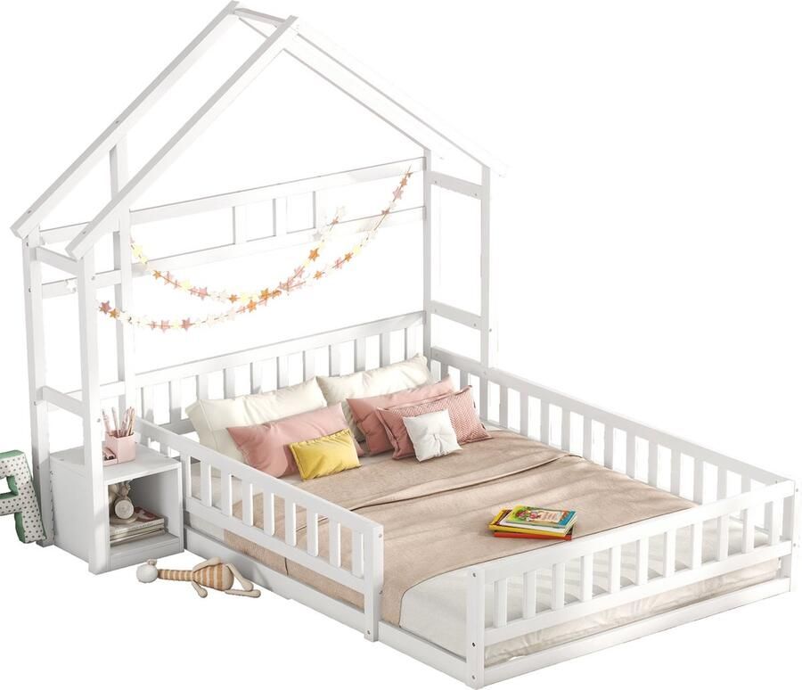 Merax Houten Tweepersoonsbed 140x200 cm voor Kinderen Bed in Huisvorm met Reling Kinderbed Inclusief Nachtkastje Wit