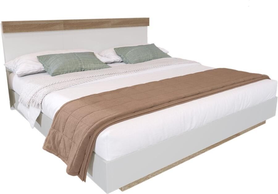 Merax Houten Tweepersoonsbed 140x200 cm Zwevend Bed met Hoofdbord Eiken Sonoma met Wit