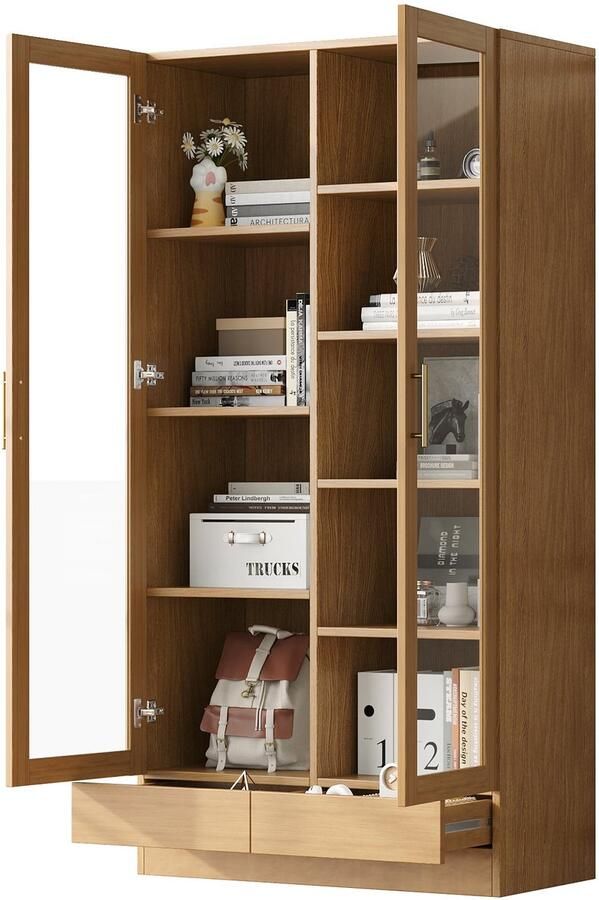 Merax Houten Vitrinekast met Glasdeuren – Boekenkast met Push-to-Open Lades Opbergkast met 9 Vakken en Anti-Kantel Systeem – 80×40×160 cm – Naturel Houtkleur