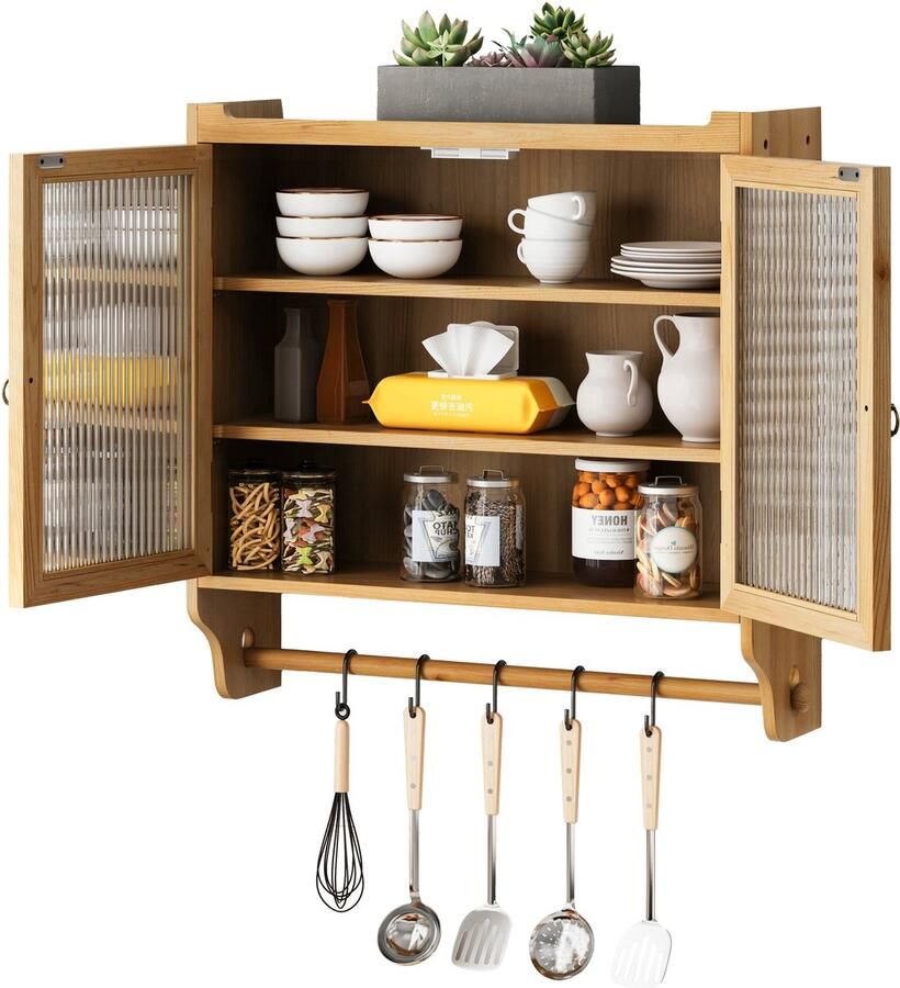 Merax Wandkast Hout Met Glazen Deuren 63 cm Vintage Badkamerkast Met Handdoekhouder En Legplanken