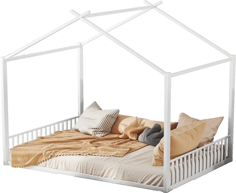 Merax Gestoffeerd Kinderbed 140x200 cm Wit Huisvormig Bed met Stevig IJzeren Frame Stijlvol en Ruim Ontwerp