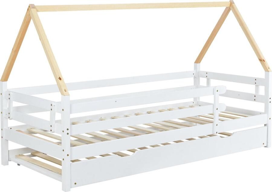 Merax Boomhut Bed voor Kinderen 90x200 cm Eenpersoonsbed Inclusief Extra Uitschuifbaar Kinderbed met Wielen 90x190 cm Wit