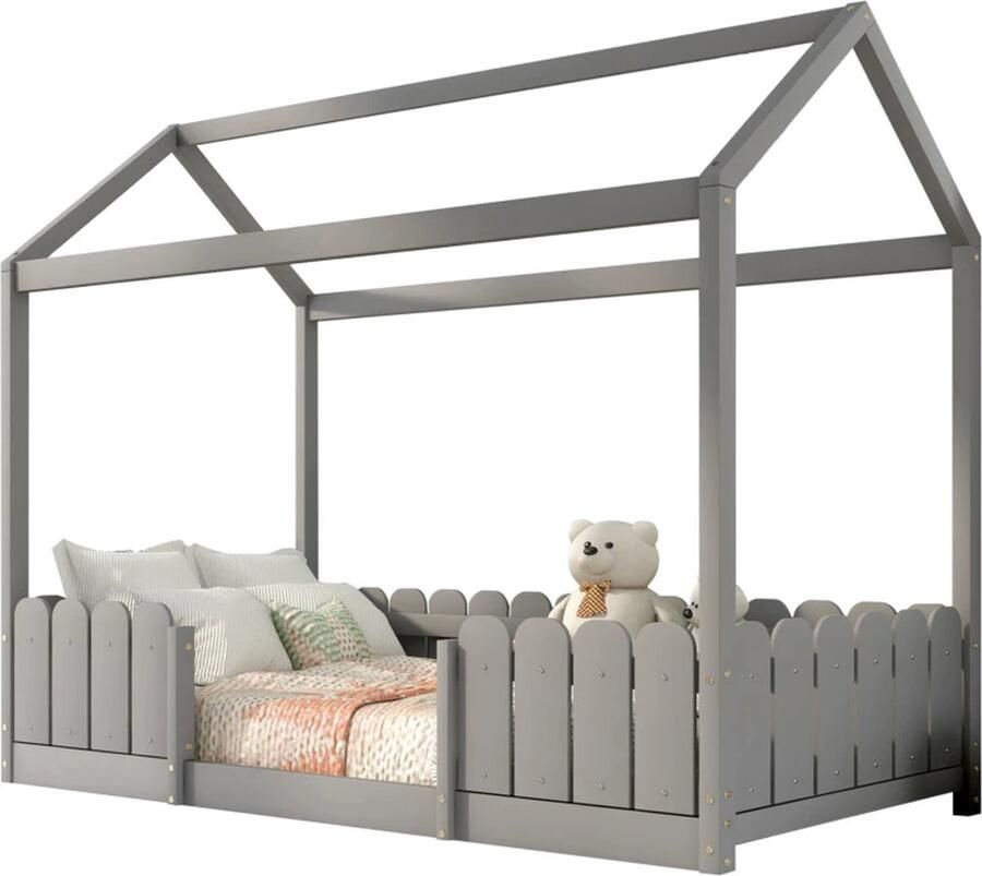 Merax Huisbed 90x200 cm Multifunctioneel Kinderbed voor Jongens & Meisjes Met Rausfallschutz en Lattenrost – Grijs (Zonder Matras)
