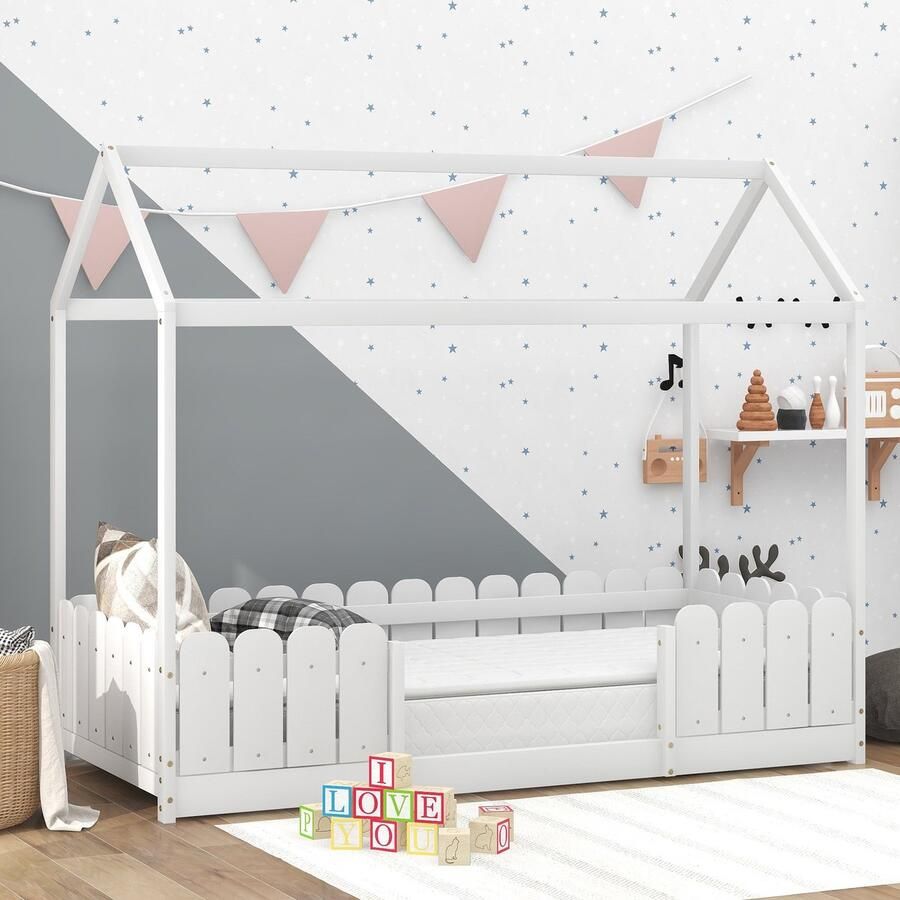 Merax Houten Huisbed 90x200 cm – Kinderbed met Randenbescherming en Lattenbodem – Wit (Exclusief Matras)