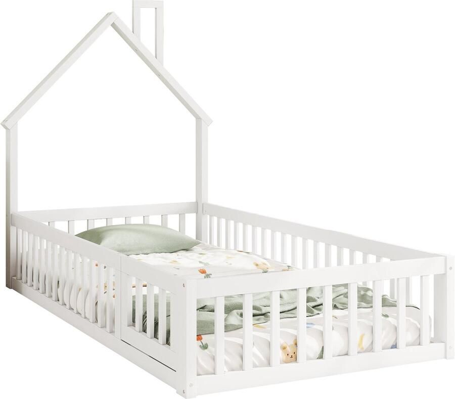 Merax Huisbed 90x200 cm Eenpersoonsbed Kinderbed met Schoorsteen en Veiligheidshekje Massief Grenenhout Speels Design Wit